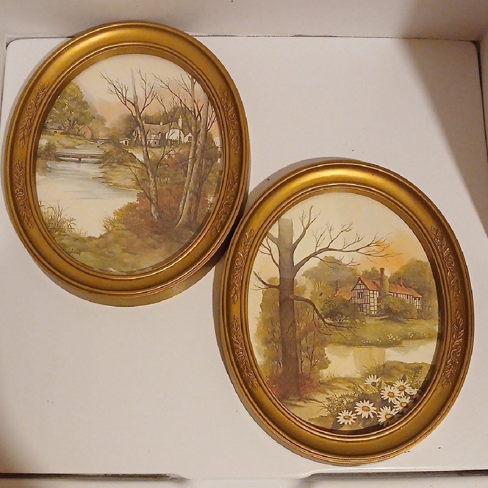 Vintage 80s Homco Gold Oval Framed Landscape Art Set Cottagecore